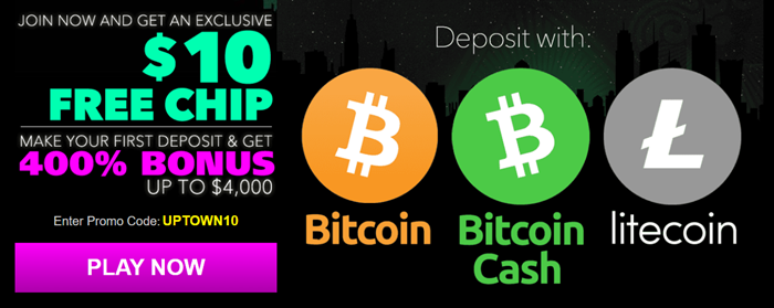 $10 Free Chip with No Deposit – Use Bitcoin for Deposits get 400% Match Worth $4,000